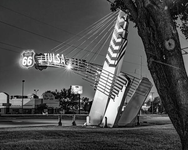 Tulsa Oklahoma Poster featuring the photograph Tulsa Western Gateway Arch and Neon Lights Along Route 66 - Black and White by Gregory Ballos