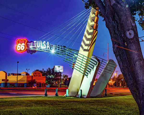 Tulsa Oklahoma Poster featuring the photograph Tulsa Western Gateway Arch and Neon Lights Along Route 66 by Gregory Ballos