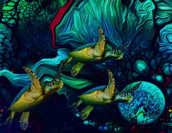 Turtles En Saison Poster featuring the digital art Turtles en Saison 7 by Aldane Wynter