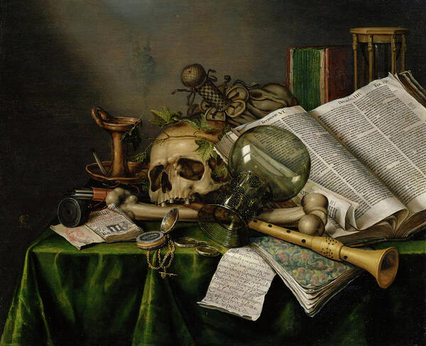 Edwaert Collie Poster featuring the painting Vanitas Still Life with Books, Manuscripts and a Skull by Lagra Art