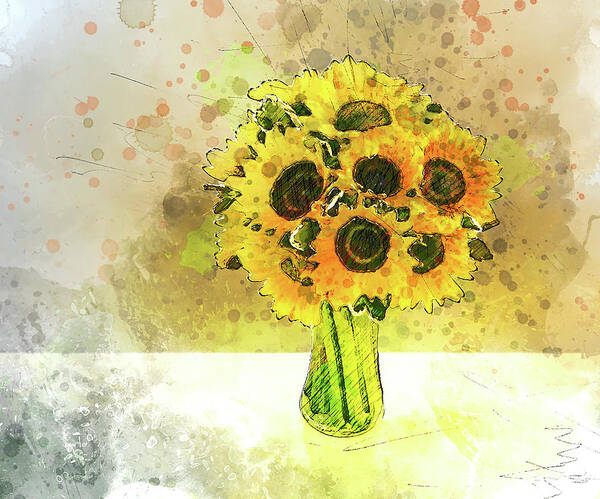 Vase Of Sunflowers Poster featuring the mixed media Vase of Sunflowers by Pheasant Run Gallery