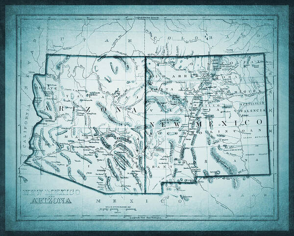 New Mexico Poster featuring the photograph Vintage Map New Mexico and Arizona 1875 Cool Blue by Carol Japp