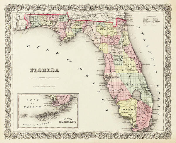 Florida Map Poster featuring the photograph Vintage Map State of Florida 1856 by Carol Japp