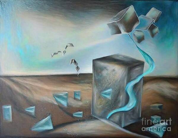 Sunset Desert Poster featuring the painting Water Giraffe Painting sunset desert dripping water desert and water flat earth art cube water cubist desert abstract animals tap in the sky zoo animal giraffe of water steps in the desert desert by N Akkash