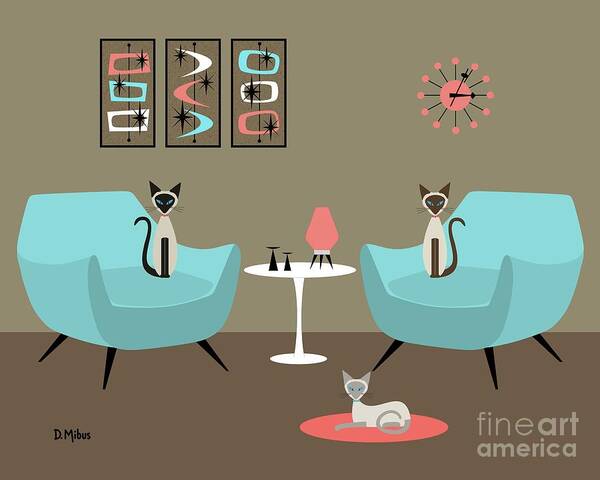 Mid Century Modern Poster featuring the digital art Siamese Trio by Donna Mibus