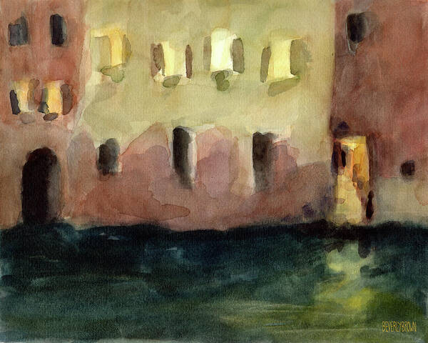 Venice Poster featuring the painting Yellow Windows at Night Watercolor Painting of Venice Italy by Beverly Brown