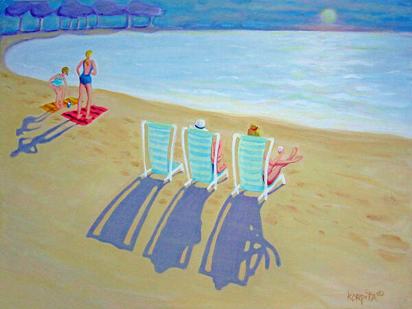 Sunset On Beach Poster featuring the painting Sunset on Beach - Last Rays by Rebecca Korpita