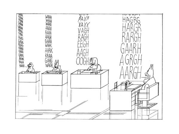 Saul Steinberg 118425 Steinbergattny   (montage Of Dogs In The Office Talking.) Animals Antiques Barking Best Buddies Canines Cartoons Cat City Cityscape Consisting Construction Desks Dog Doggie Dogs Friend Ground Hole Looking Man's Noses Out Pet Pets Pooch Puppies Puppy Spread Store Street Their Three-page Two Urban Walking Windows Poster featuring the drawing New Yorker September 19th, 1977 #1 by Saul Steinberg