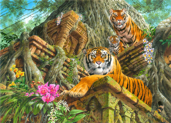 John Francis Poster featuring the painting Temple Tigers by MGL Meiklejohn Graphics Licensing