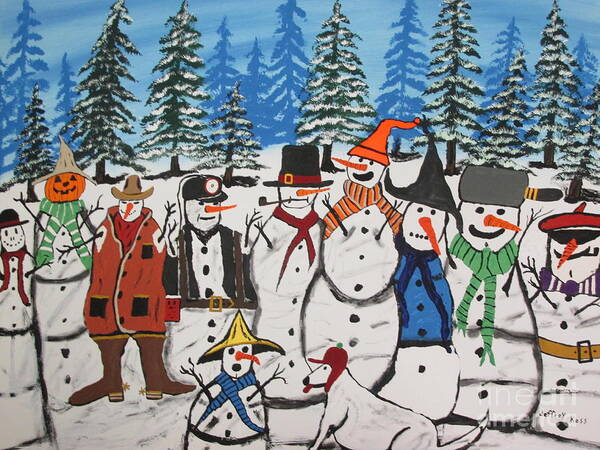 Poster featuring the painting 10 Christmas Snowmen by Jeffrey Koss