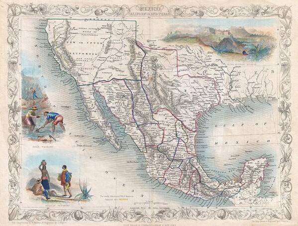 An Exceptional Example Of John Tallis And John Rapkin's Highly Desirable 1851 Map Of Mexico Poster featuring the photograph 1851 Tallis Map of Mexico Texas and California by Paul Fearn