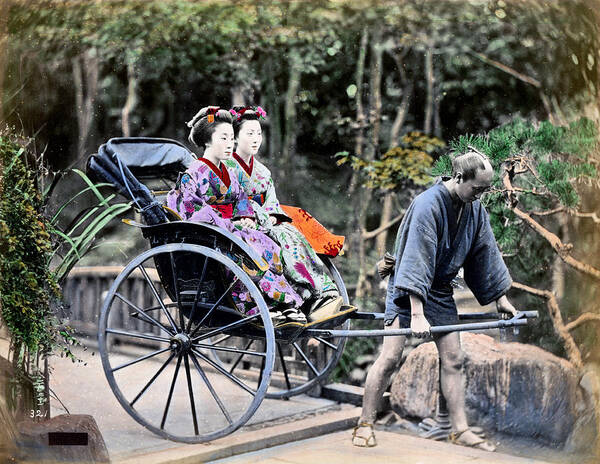 Japan Poster featuring the photograph 1870 Geisha Girls traveling in Rickshaw by Historic Image
