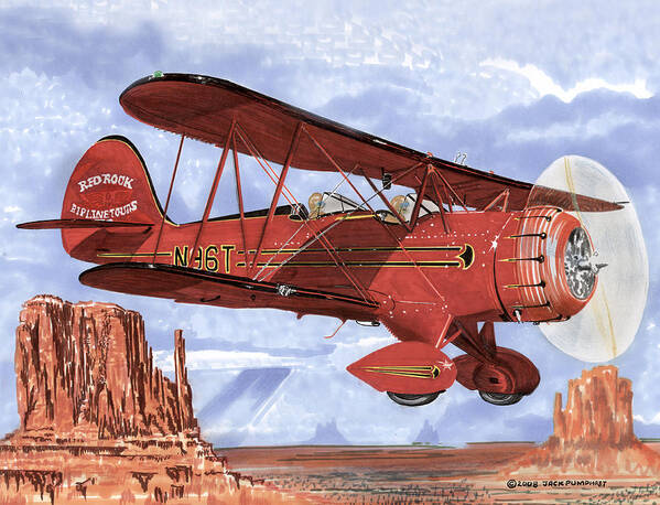 1935 Waco Bi-plane. Framed Prints Of Bi-wing Aircraft. Post Cards Of Old Airplanes. Framed Prints Of Utah Poster featuring the painting Monument Valley Bi-Plane by Jack Pumphrey