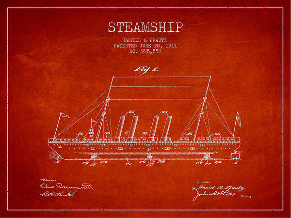 Steamship Poster featuring the digital art Vintage Steamship patent from 1911 #5 by Aged Pixel