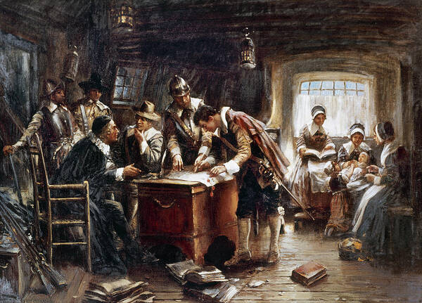 1620 Poster featuring the painting Mayflower Compact, 1620 by Percy Moran