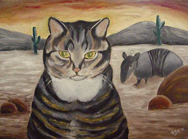 Cat And Armadillo Poster featuring the painting Simone and Armadillo #4 by Victoria Lakes