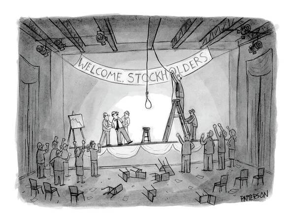 Death Money Meetings Business Management
(investors Attempting To Lynch Ceo After Stockholders Meeting. Banner Over Stage Reads Poster featuring the drawing New Yorker May 29th, 2006 by Jason Patterson