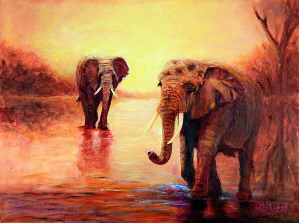 African Elephants Poster featuring the painting African Elephants at Sunset in the Serengeti by Sher Nasser