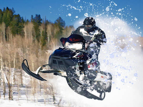 Winter Snow Snowmobile Snowmobiling Snowmobiler Sport Athlete Action Energy Fast Poster featuring the painting Airborne Snowmobile by Elaine Plesser