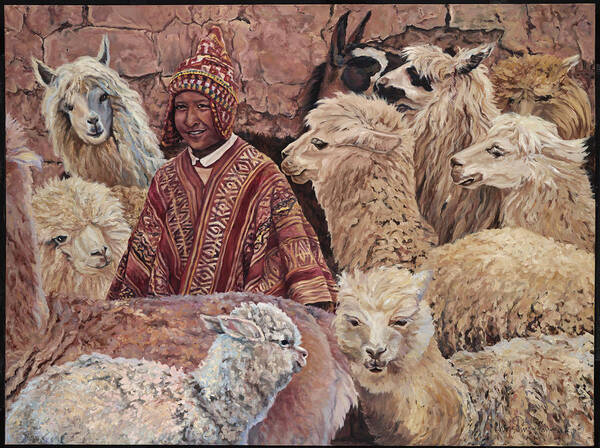 Peru Poster featuring the painting Alpaca shepherd by Christine Lytwynczuk