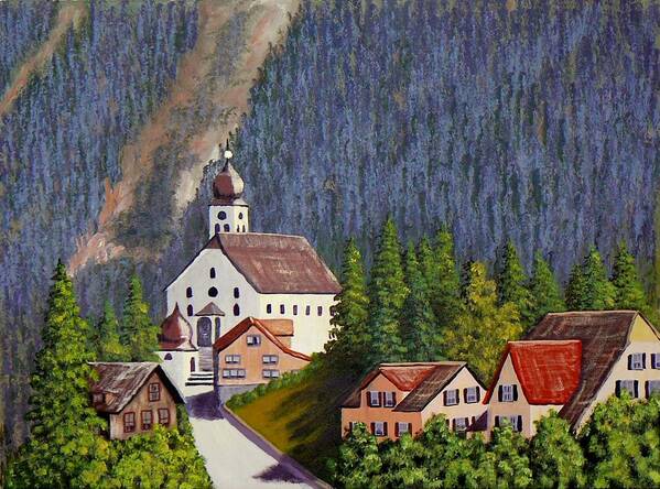 Painting Poster featuring the painting Alpine Church by Ray Nutaitis