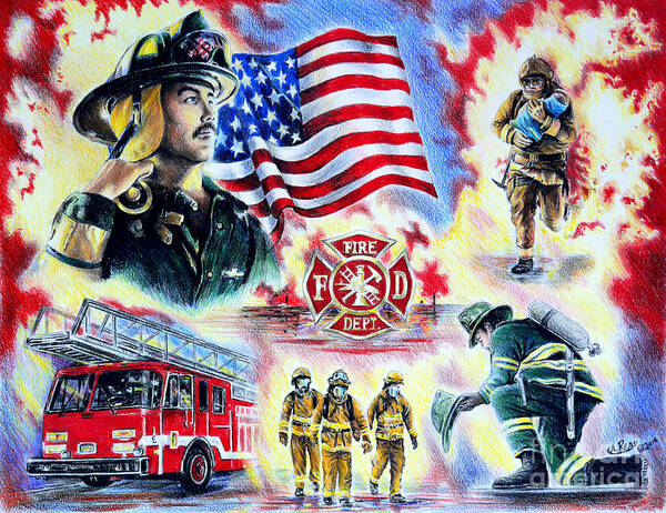 Firefighter Poster featuring the drawing American Firefighters by Andrew Read