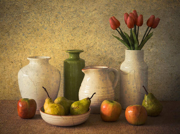 Still Life Poster featuring the photograph Apples Pears And Tulips by Jacqueline Hammer