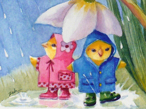 Frog Boots Poster featuring the painting April Showers by Janet Zeh