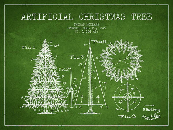 Christmas Poster featuring the digital art Artifical Christmas Tree Patent from 1927 - Green by Aged Pixel