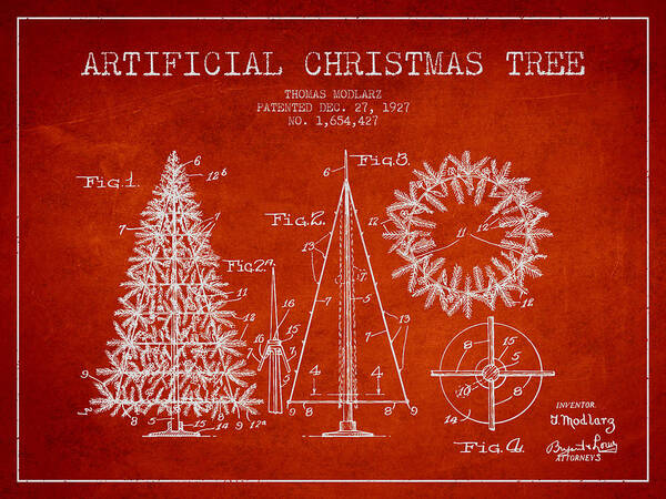 Christmas Poster featuring the digital art Artifical Christmas Tree Patent from 1927 - Red by Aged Pixel