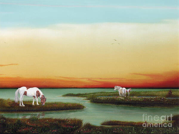 Assateague Wild Horses Poster featuring the painting Assateague Island Sunset by Albert Puskaric
