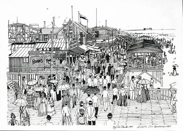 Atlantic City Poster featuring the drawing Atlantic City Boardwalk 1890 by Ira Shander
