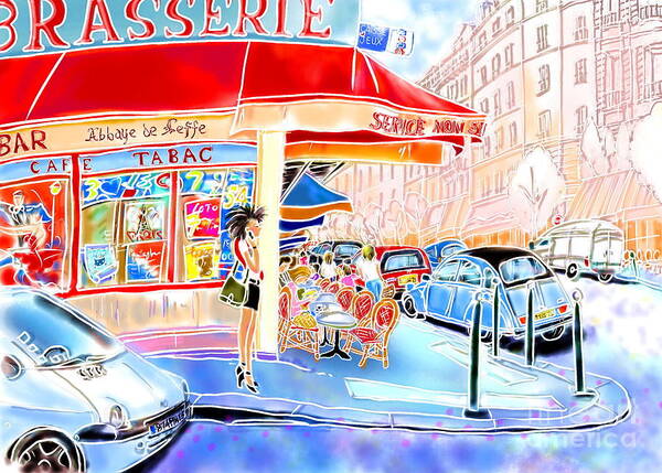 Cafe Poster featuring the digital art Au coin de la rue by Hisayo OHTA