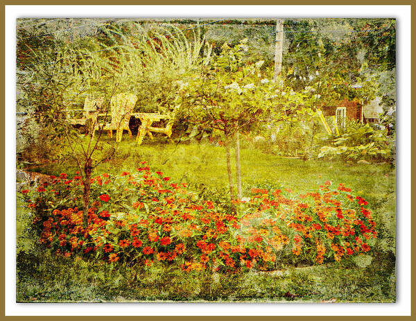 Garden Autumn Fall Ornamental Grasses Chairs View Flowers Orange Golden Poster featuring the photograph Autumn Garden by Dianne Lacourciere