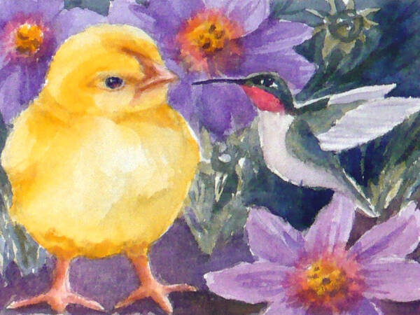 Fine Art Print Poster featuring the painting Baby Chick and Hummingbird by Janet Zeh