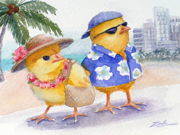 Ferdinand And Nina Poster featuring the painting Baby Chicks in Honolulu Hawaii by Janet Zeh