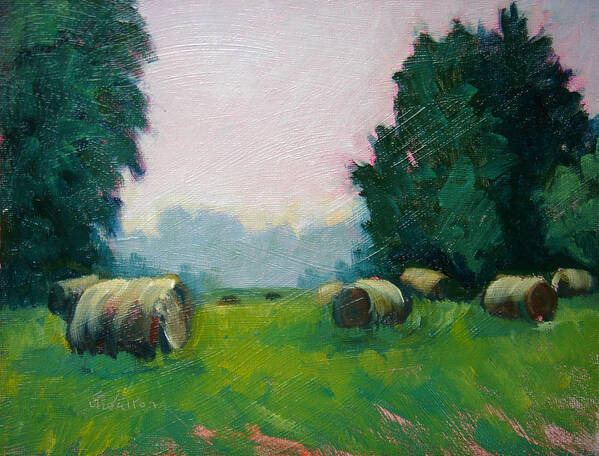 Hay Bales Poster featuring the painting Bales in the Morning by Judy Fischer Walton