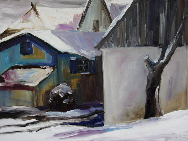 Winter Poster featuring the painting Barnstable With Blue Shutters In Winter by Barbara Pommerenke