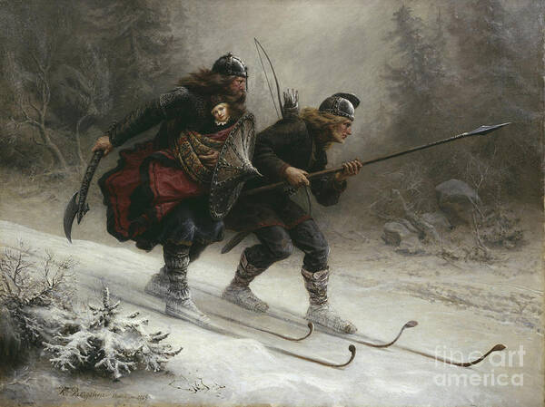 Knud Bergslien Poster featuring the painting Birkebeinerne The Kings soldiers by Knud Bergslien