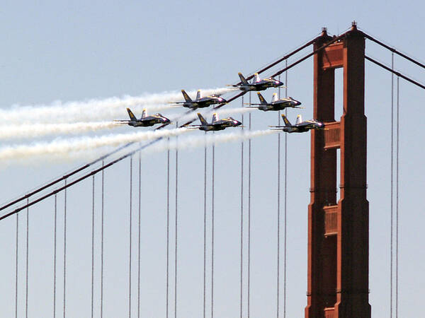 Blue Angels Poster featuring the photograph Blue Angels and the Bridge by Bill Gallagher