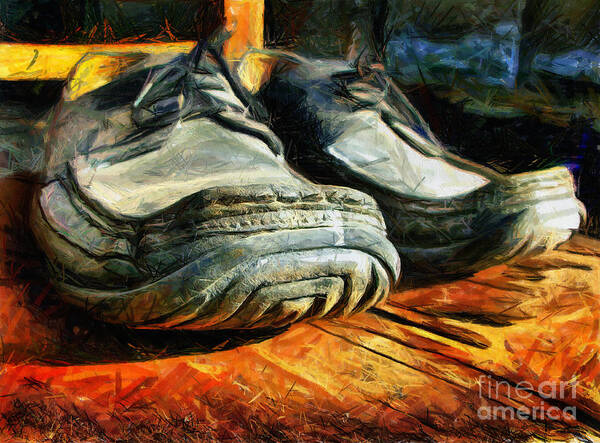 Shoes Poster featuring the mixed media Boogie Shoes - Walking story - Drawing by Daliana Pacuraru