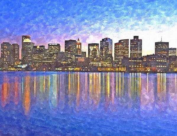 Boston Poster featuring the painting Boston skyline by night by Rachel Niedermayer