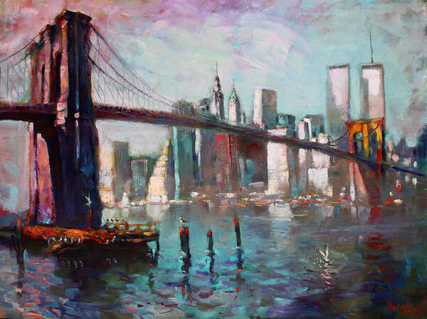 Brooklyn Bridge Poster featuring the painting Brooklyn Bridge and Twin Towers by Ylli Haruni