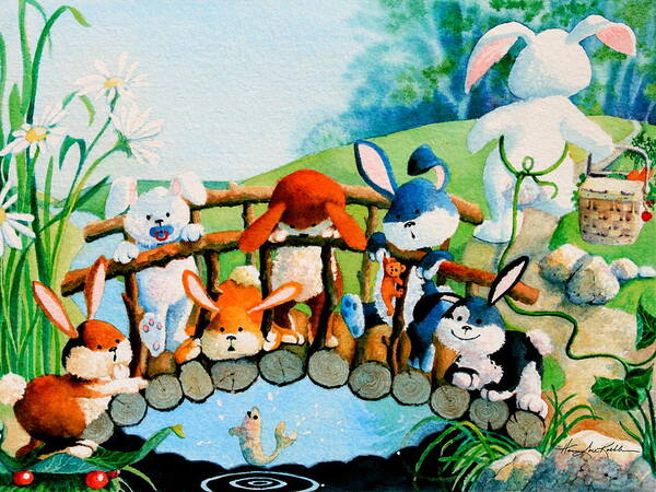 Easter Bunny Cards Poster featuring the painting Bunnies On A Bridge by Hanne Lore Koehler