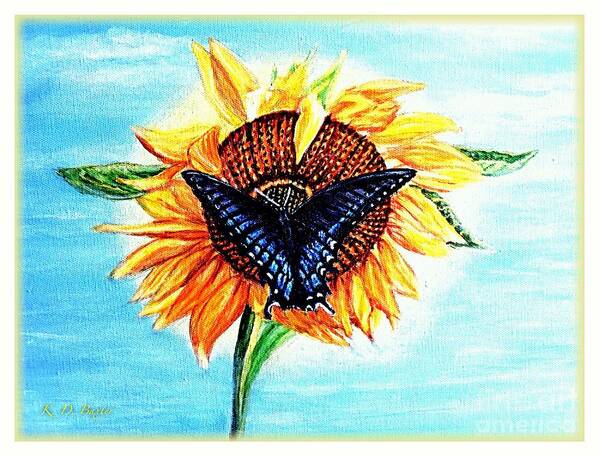 Sunflower Illuminated By The Power And Light Of The Sun Blue Skies Blue Butterfly Lighting Upon Flower Looks Like He Is flying The Sunflower Sunflower And Butterfly Paintings Acrylic Paintings Poster featuring the painting Butterfly Sunday Cropped and Enhanced with Border by Kimberlee Baxter