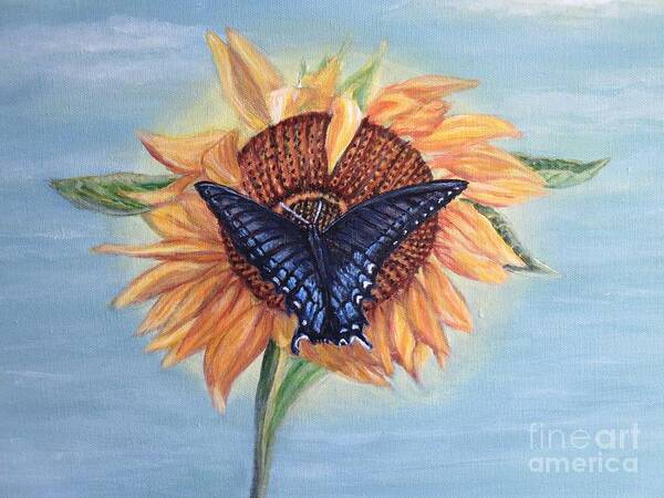Nature Paintings Butterfly Paintings Sunflower Paintings Black And Blue Monarch Sucking Nectar From A Yellow Orange Sunflower Blue Skies With Light Wispy Clouds Poster featuring the painting Butterfly Sunday in the Summer by Kimberlee Baxter