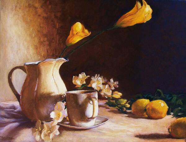 Still Life Poster featuring the pastel Cala lily and lemon by Celine K Yong