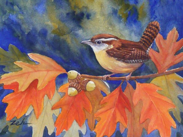 Bird In Tree Poster featuring the painting Carolina Wren in Autumn by Janet Zeh