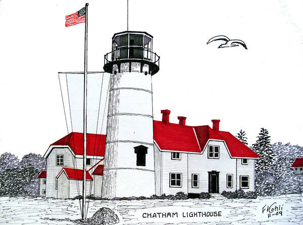 Pen And Ink Lighthouse Art Poster featuring the drawing Chatham Lighthouse Drawing by Frederic Kohli