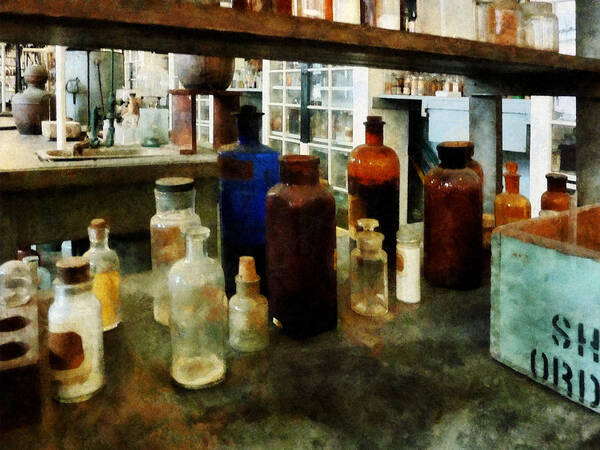 Science Poster featuring the photograph Chemistry - Assorted Chemicals in Bottles by Susan Savad